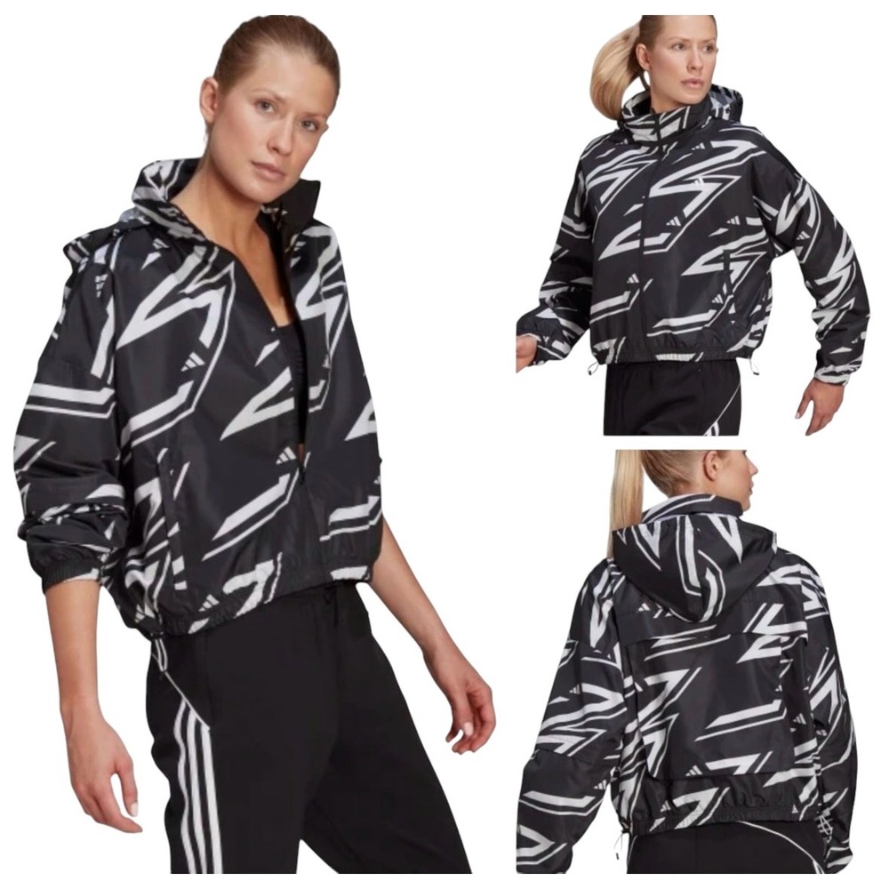 Adidas‎ NWOT Women's Med Black White Geometric  Full Zip Windbreaker Jacket